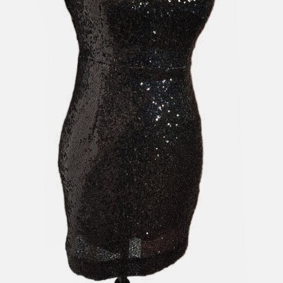 Lulu's Black Sequin Mini Dress Small - LBD Party Bodycon Glam Glitzy Sparkly - Picture 6 of 10